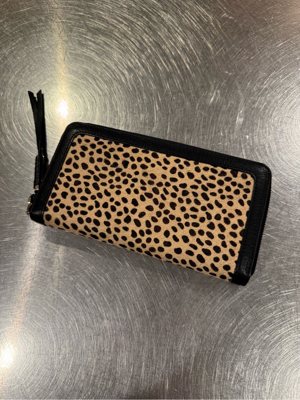 Leopard Calf Hair Zip-Around Wallet with Black Leather Trim